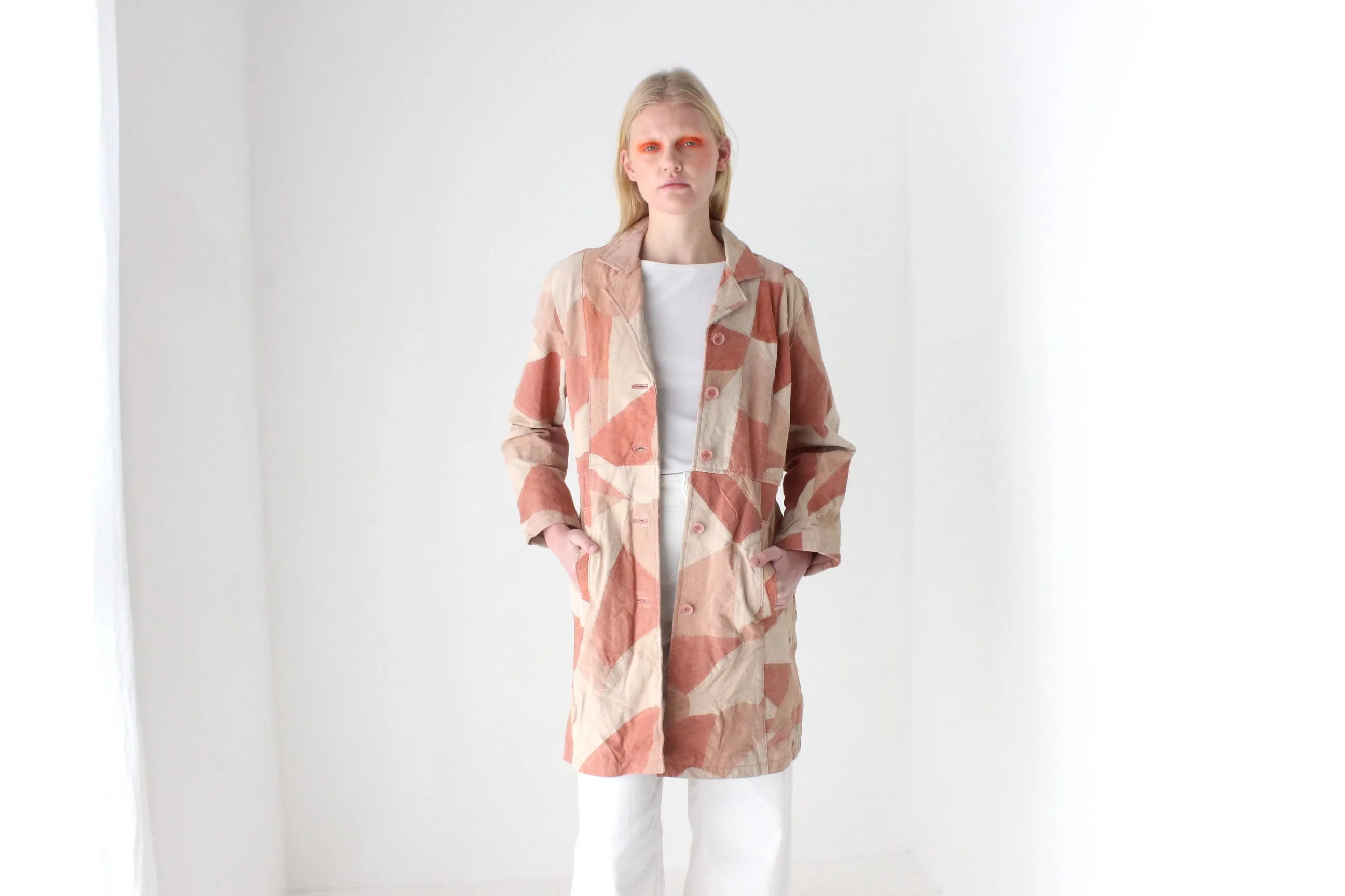 90s does 70s Pink Toned Suede Leather Patchwork Trench by Robert Louis