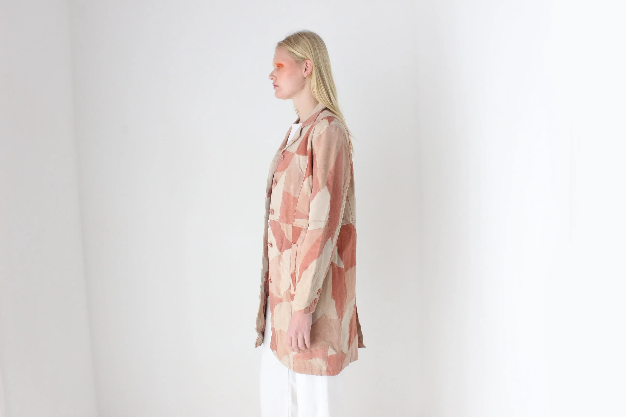 90s does 70s Pink Toned Suede Leather Patchwork Trench by Robert Louis