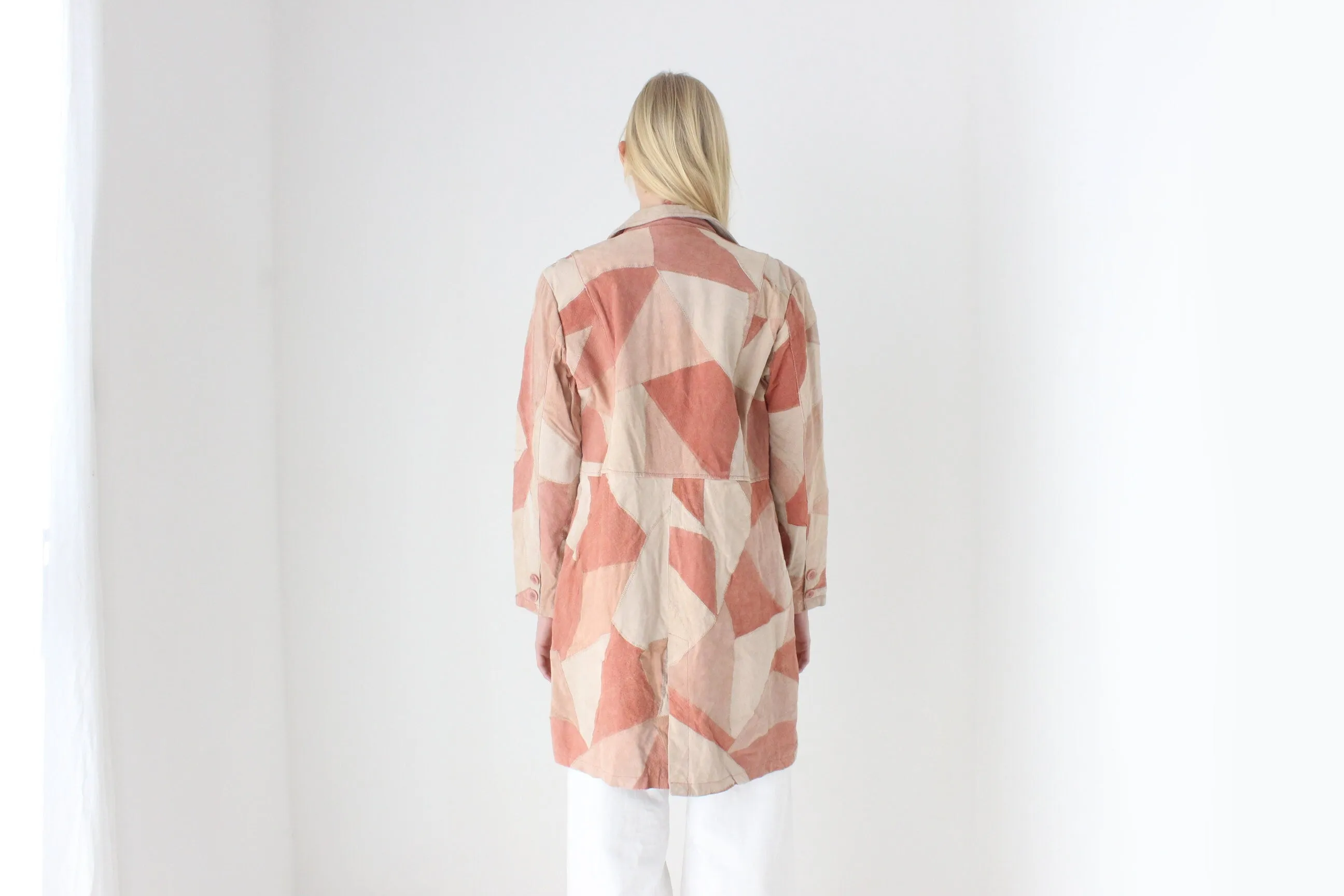 90s does 70s Pink Toned Suede Leather Patchwork Trench by Robert Louis