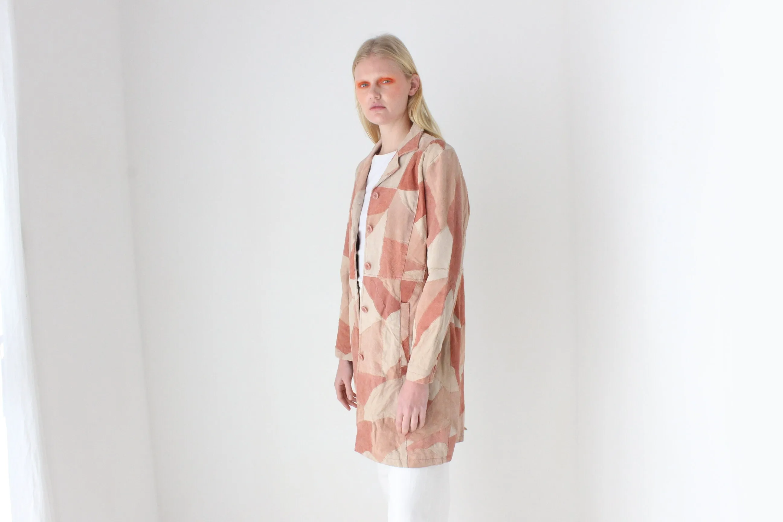 90s does 70s Pink Toned Suede Leather Patchwork Trench by Robert Louis
