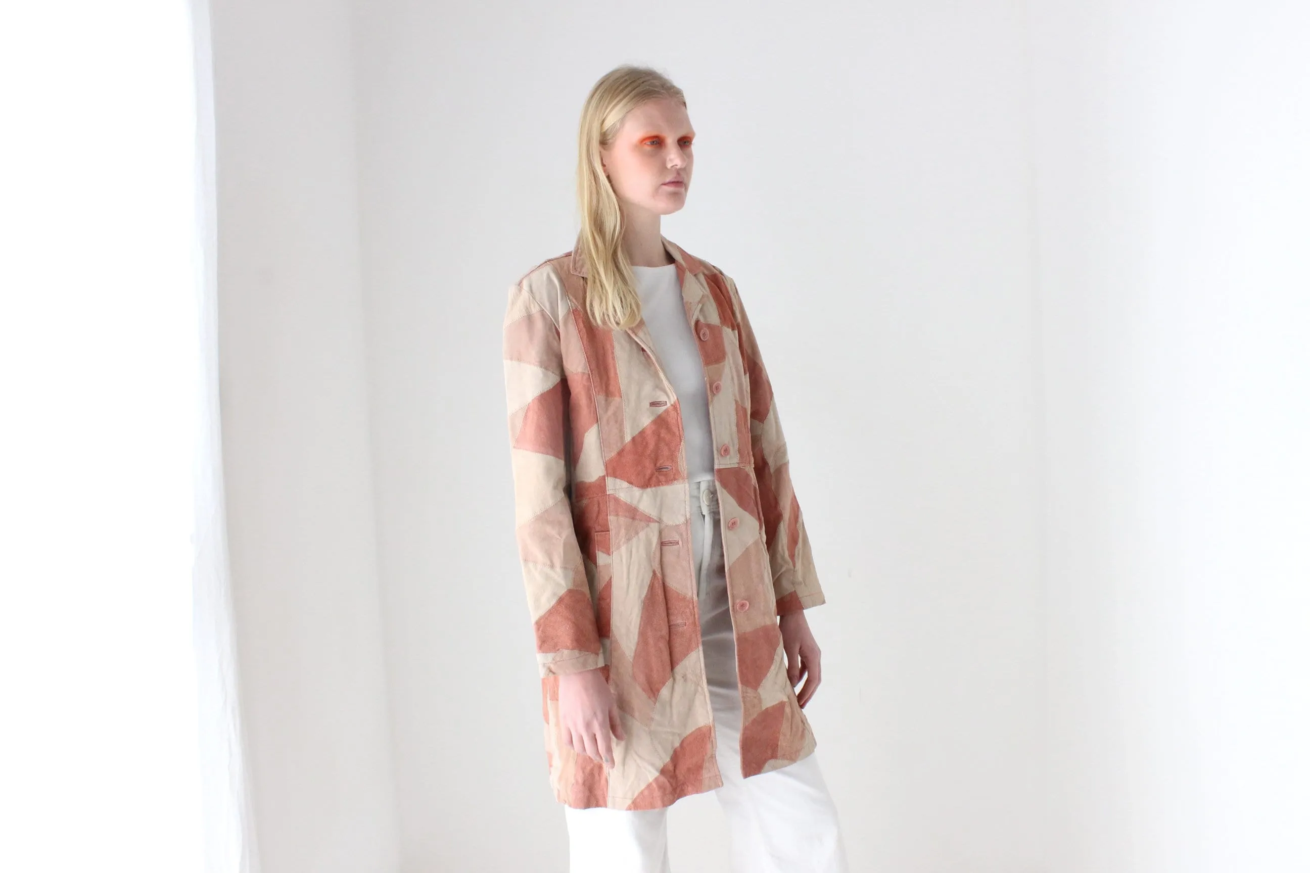 90s does 70s Pink Toned Suede Leather Patchwork Trench by Robert Louis