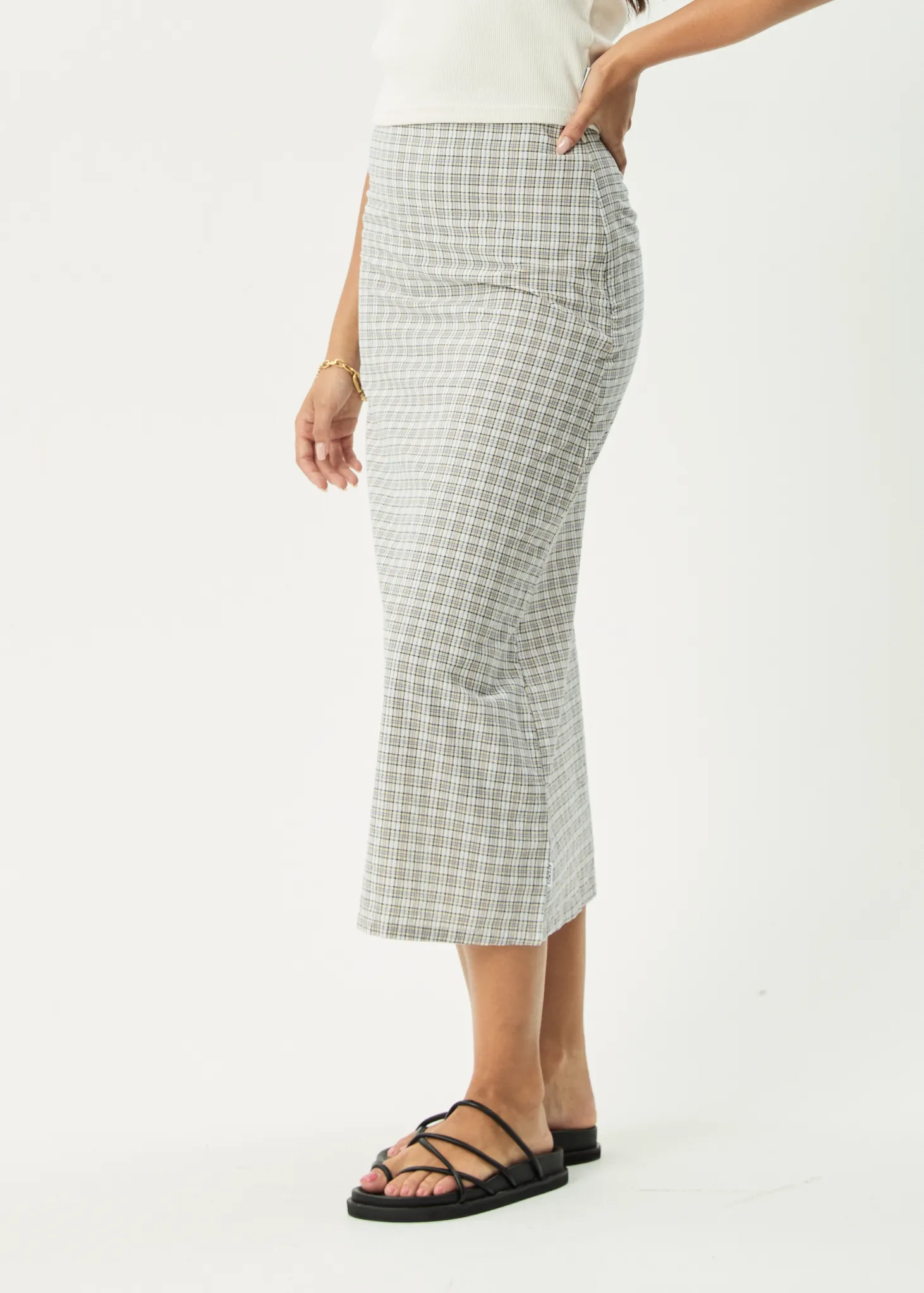 AFENDS Womens Drew - Seersucker Midi Skirt - Taupe Check