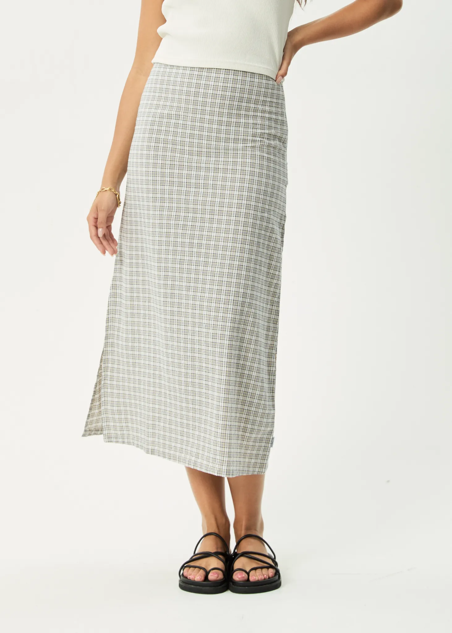 AFENDS Womens Drew - Seersucker Midi Skirt - Taupe Check