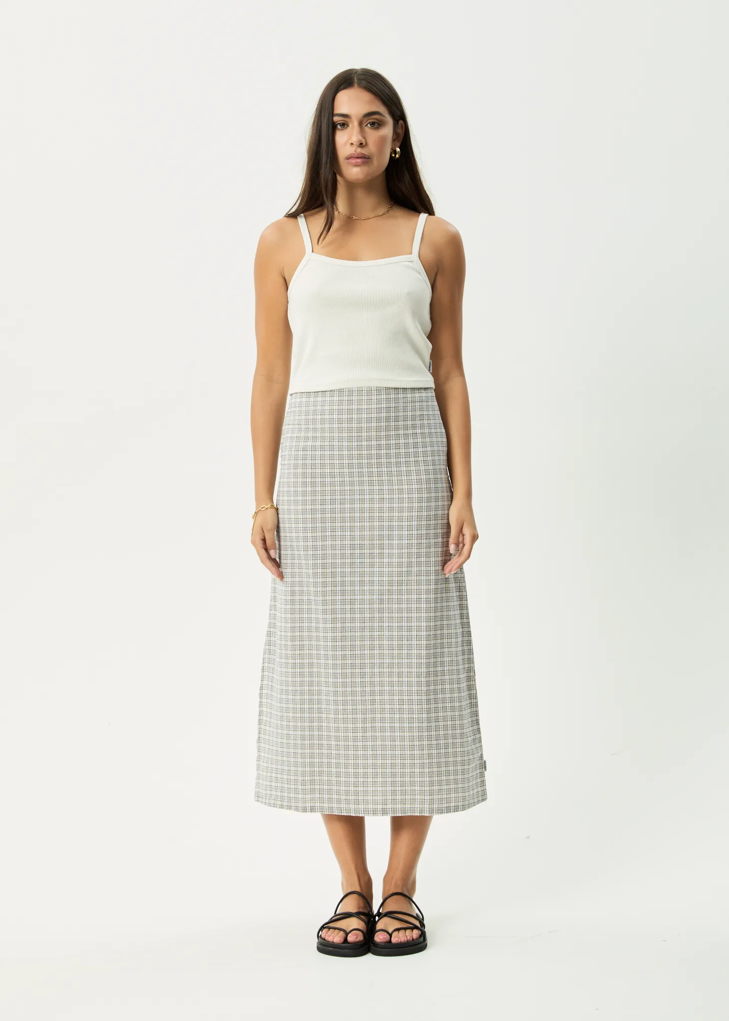 AFENDS Womens Drew - Seersucker Midi Skirt - Taupe Check