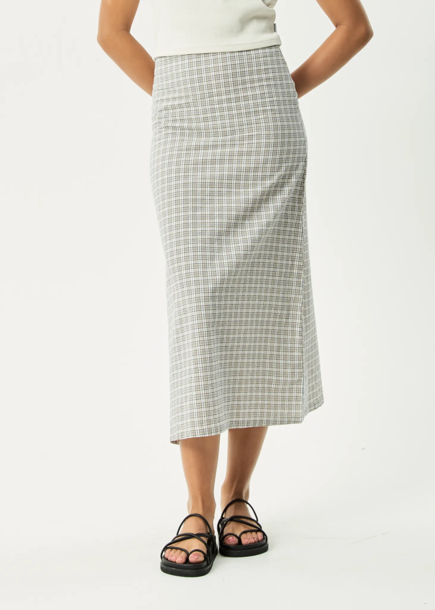 AFENDS Womens Drew - Seersucker Midi Skirt - Taupe Check
