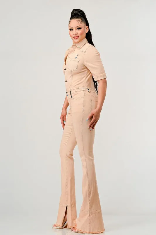 Athina Washed Denim Half Sleeve Jumpsuit