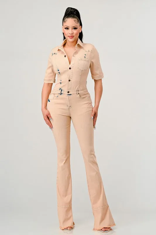 Athina Washed Denim Half Sleeve Jumpsuit