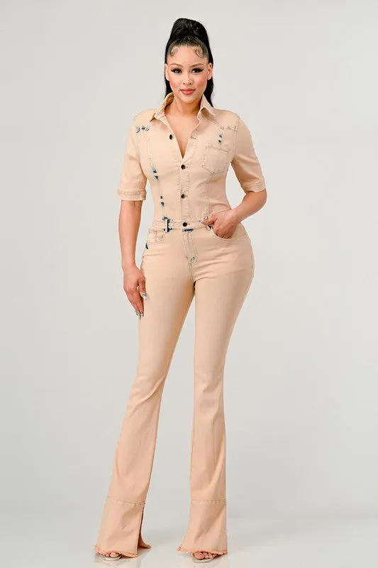 Athina Washed Denim Half Sleeve Jumpsuit