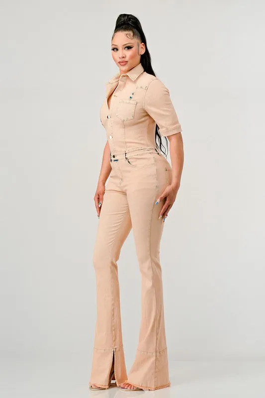 Athina Washed Denim Half Sleeve Jumpsuit