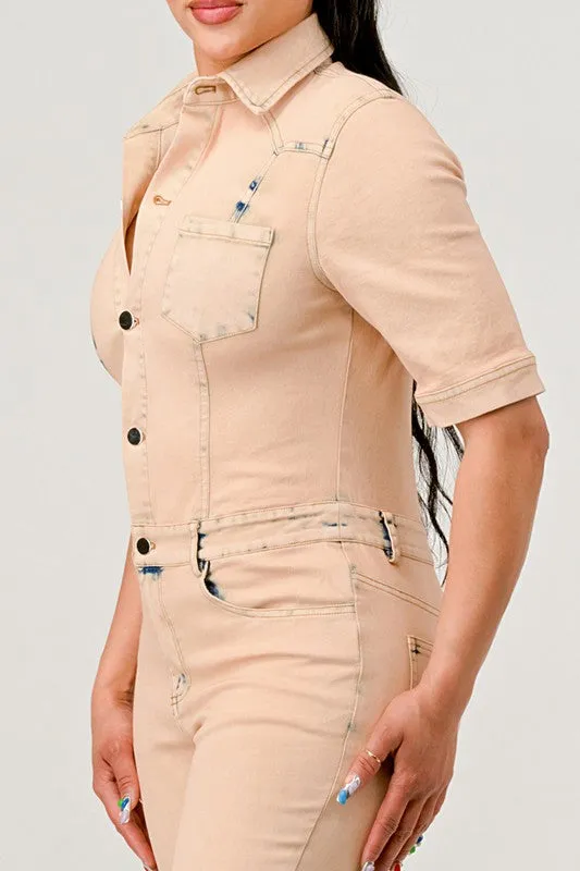 Athina Washed Denim Half Sleeve Jumpsuit