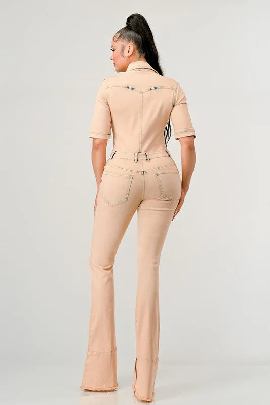 Athina Washed Denim Half Sleeve Jumpsuit