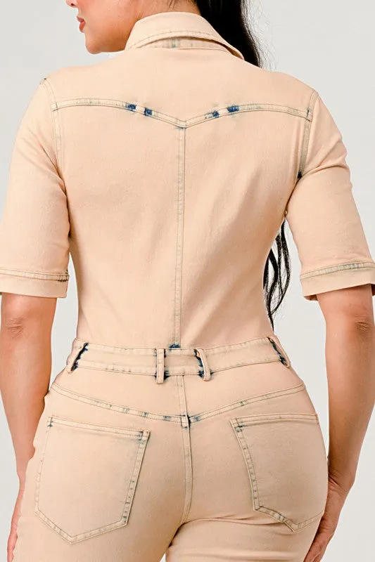 Athina Washed Denim Half Sleeve Jumpsuit