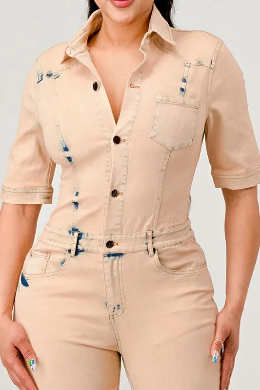 Athina Washed Denim Half Sleeve Jumpsuit