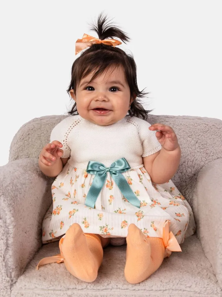 Baby Girl Nova Collection Half Knitted Spanish Dress-Cream/Ivory & Orange Floral