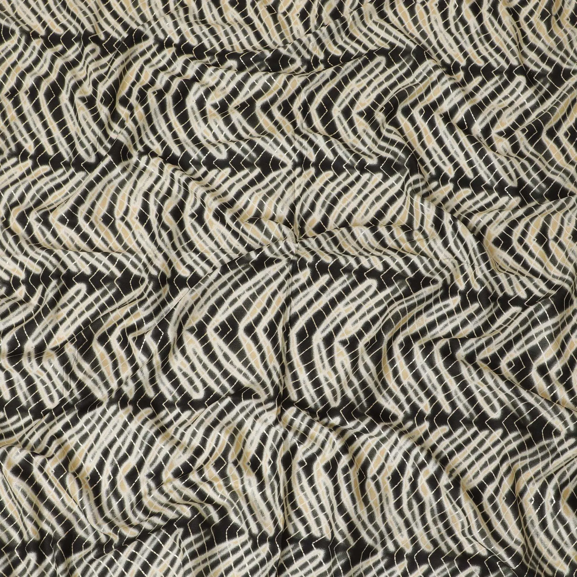 Black, beige cotton viscose fabric with gold metallic foil print in abstract design-D14189
