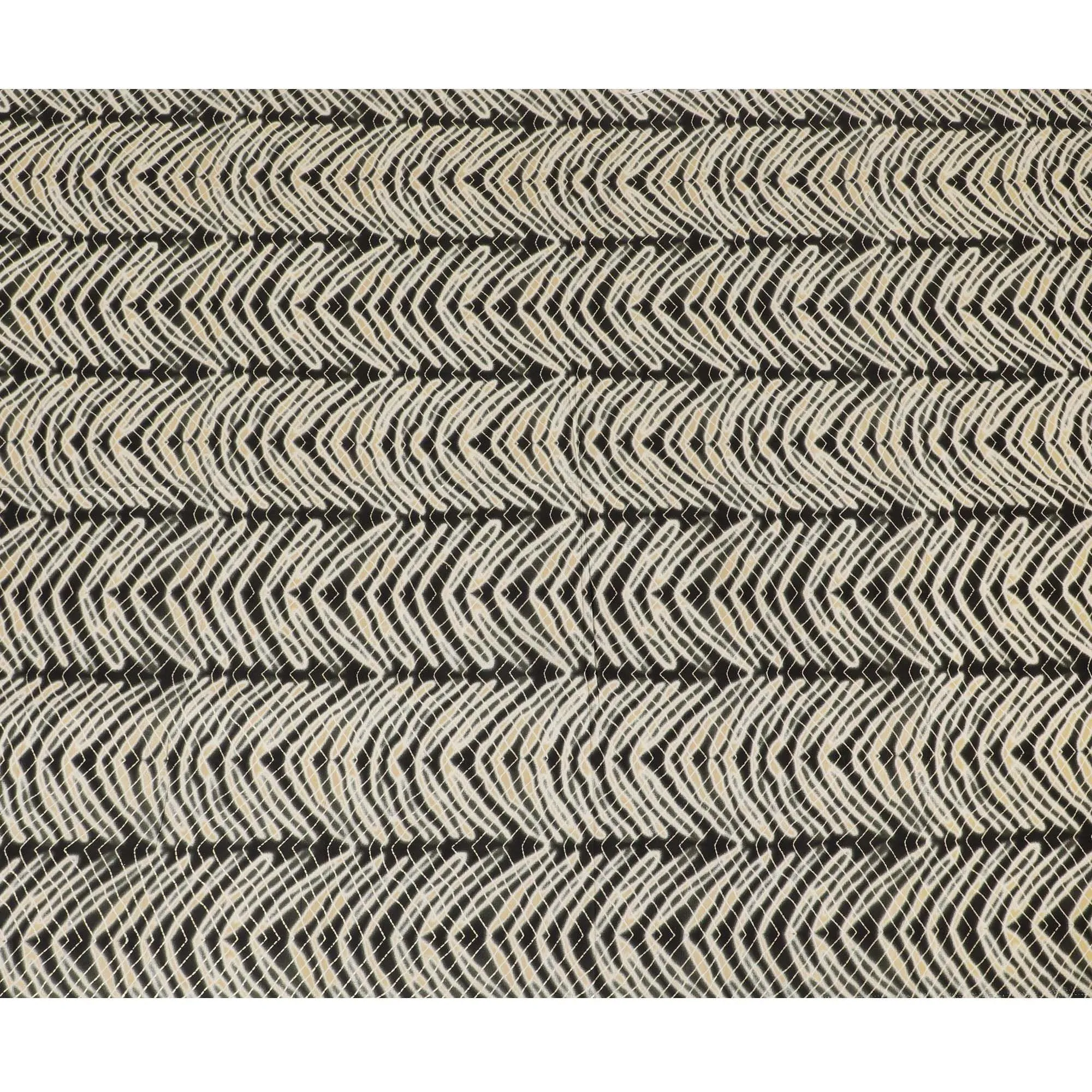 Black, beige cotton viscose fabric with gold metallic foil print in abstract design-D14189