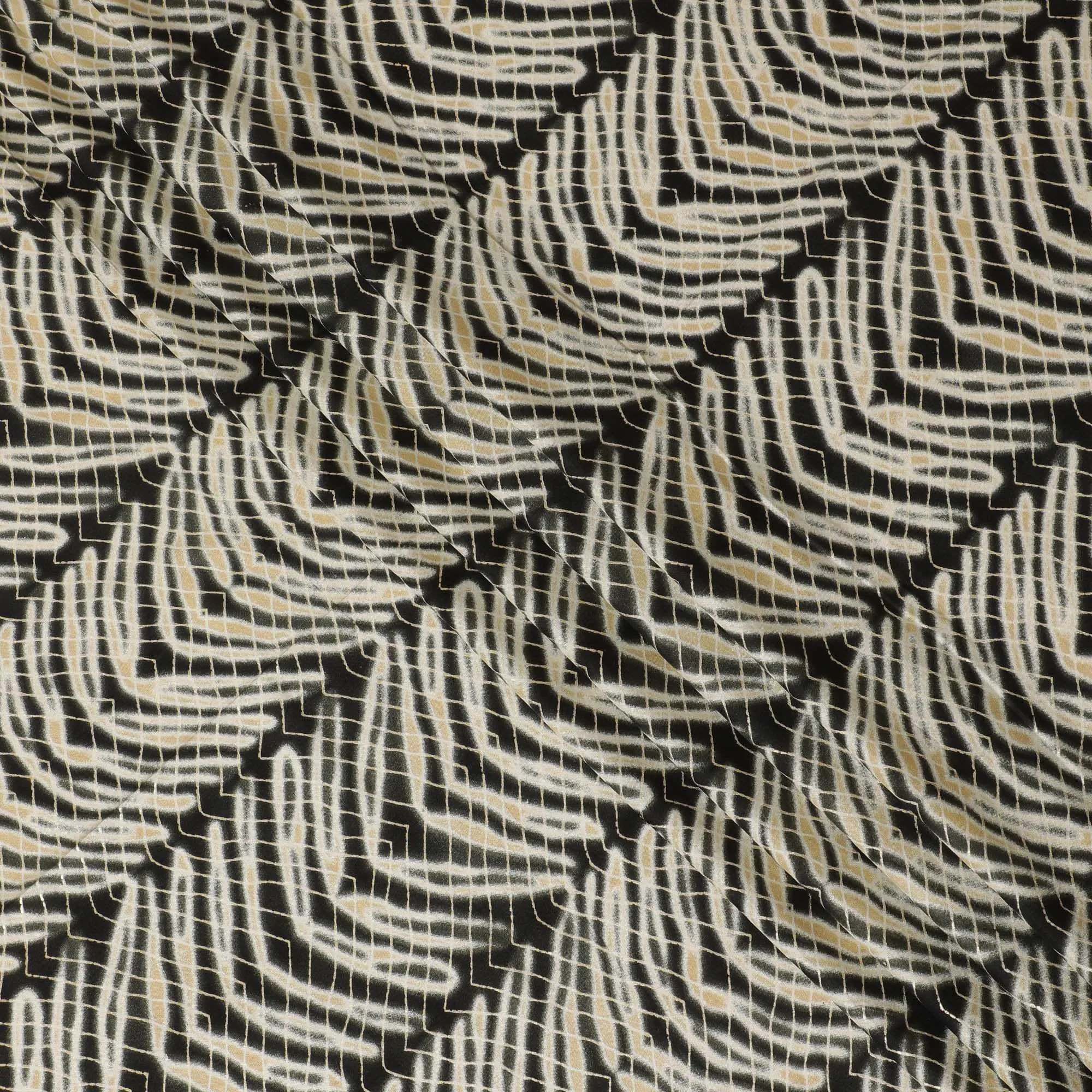 Black, beige cotton viscose fabric with gold metallic foil print in abstract design-D14189