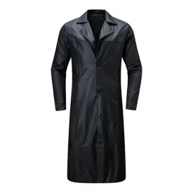 Black Button Closure Leather Long Coat