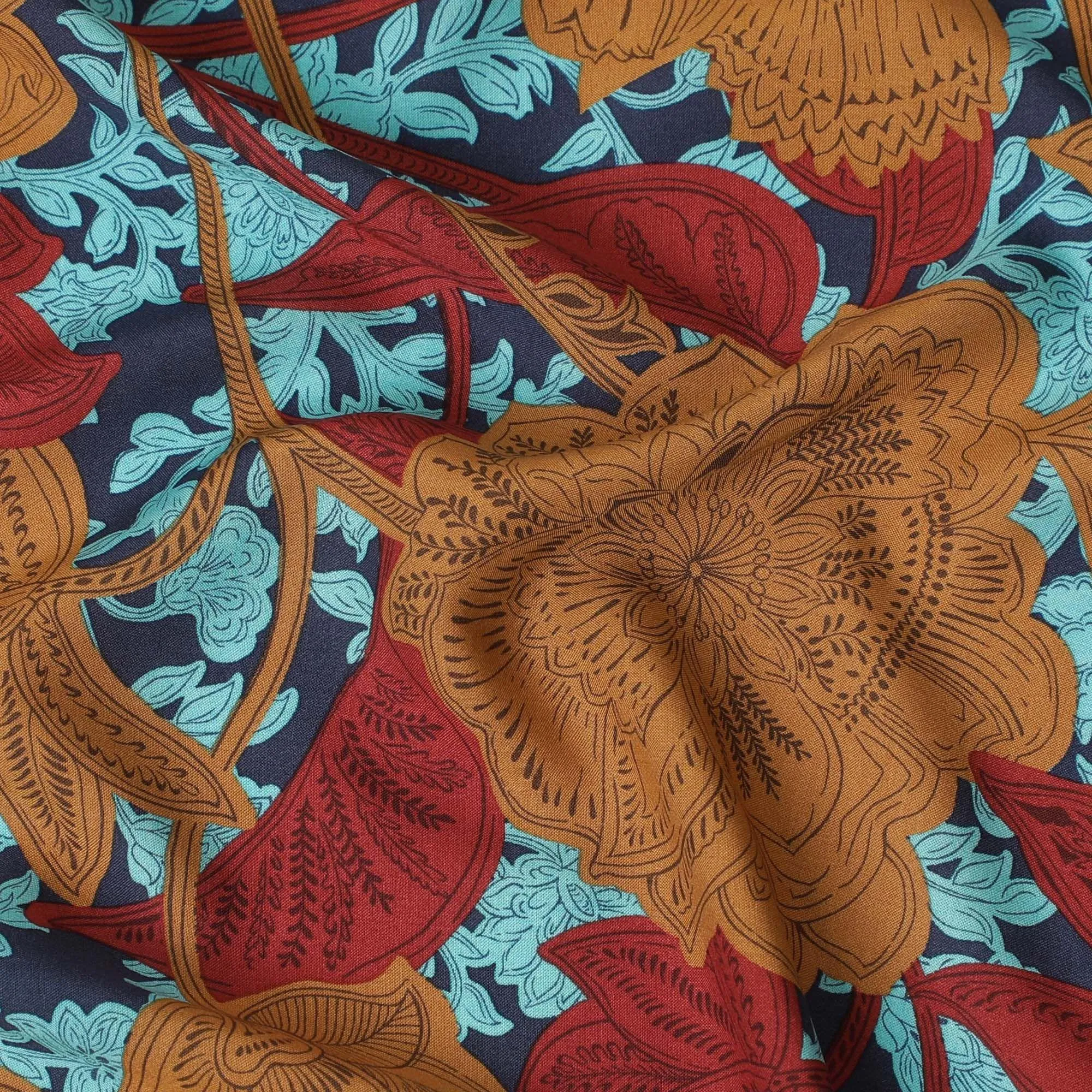 Blue premium Italian viscose fabric with multicolor print in floral design-D12532