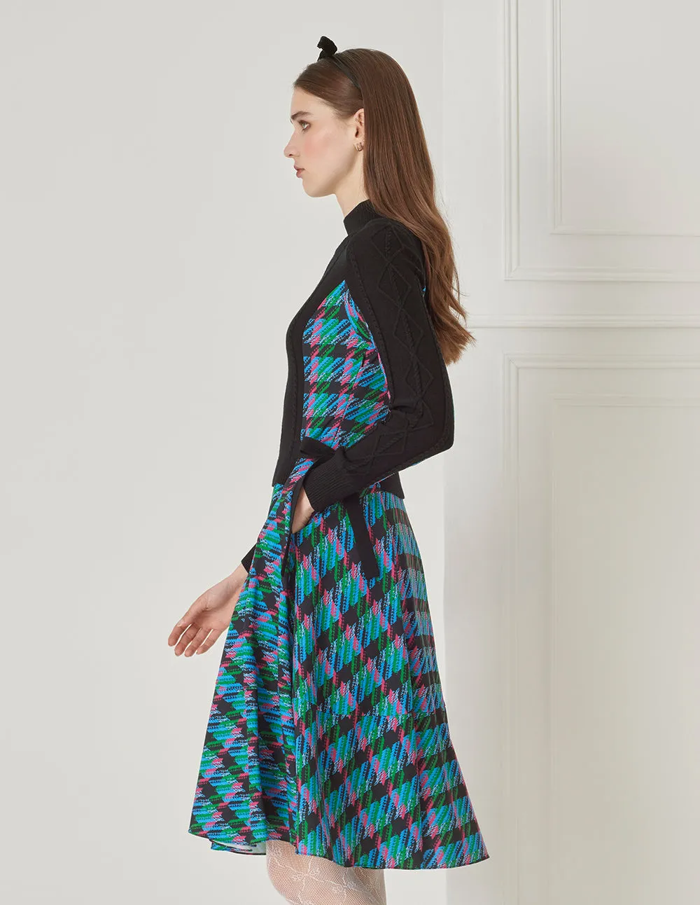 BORA AKSU Faux Two-Piece Houndstooth Print Needle Shuttle Dress