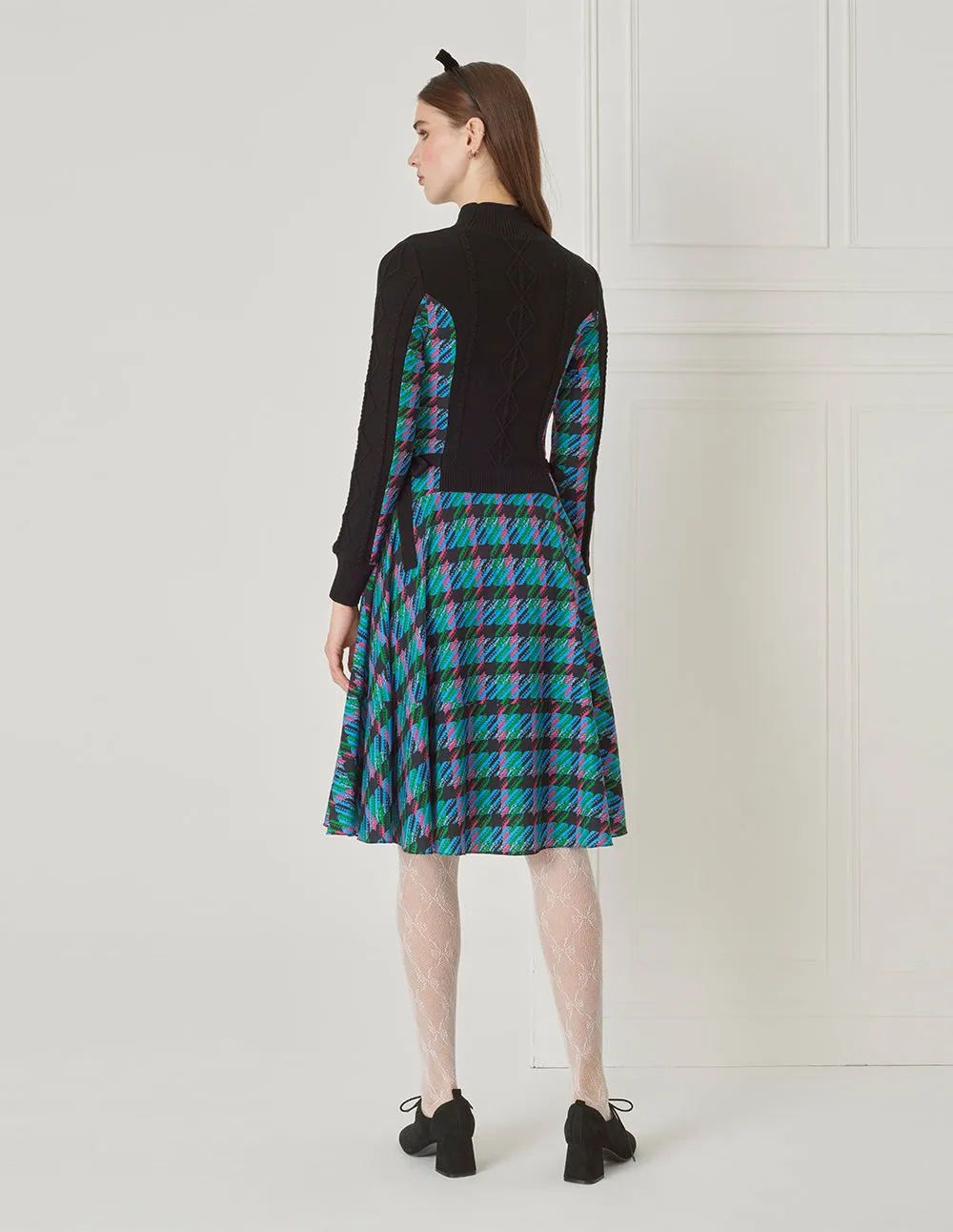 BORA AKSU Faux Two-Piece Houndstooth Print Needle Shuttle Dress