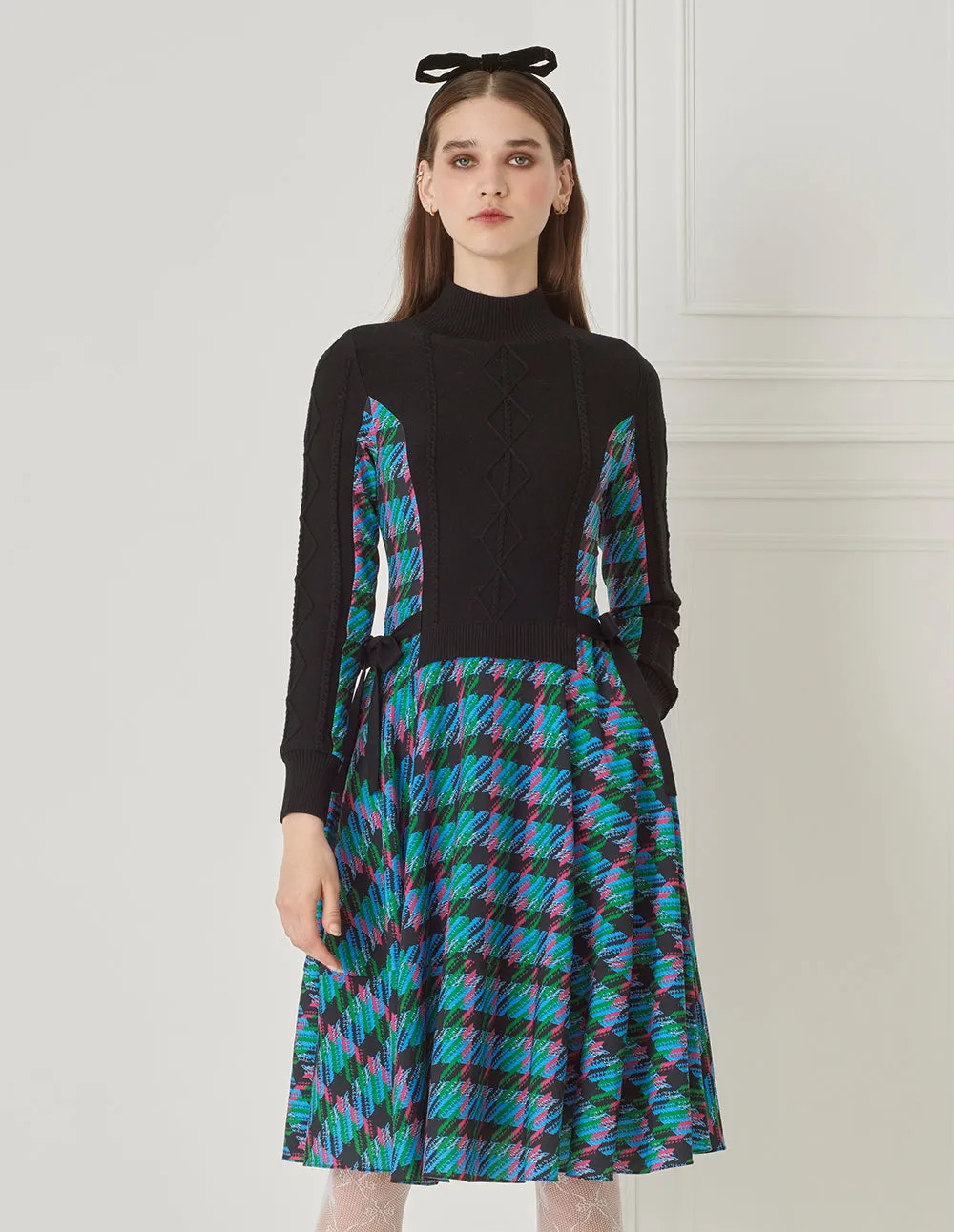 BORA AKSU Faux Two-Piece Houndstooth Print Needle Shuttle Dress