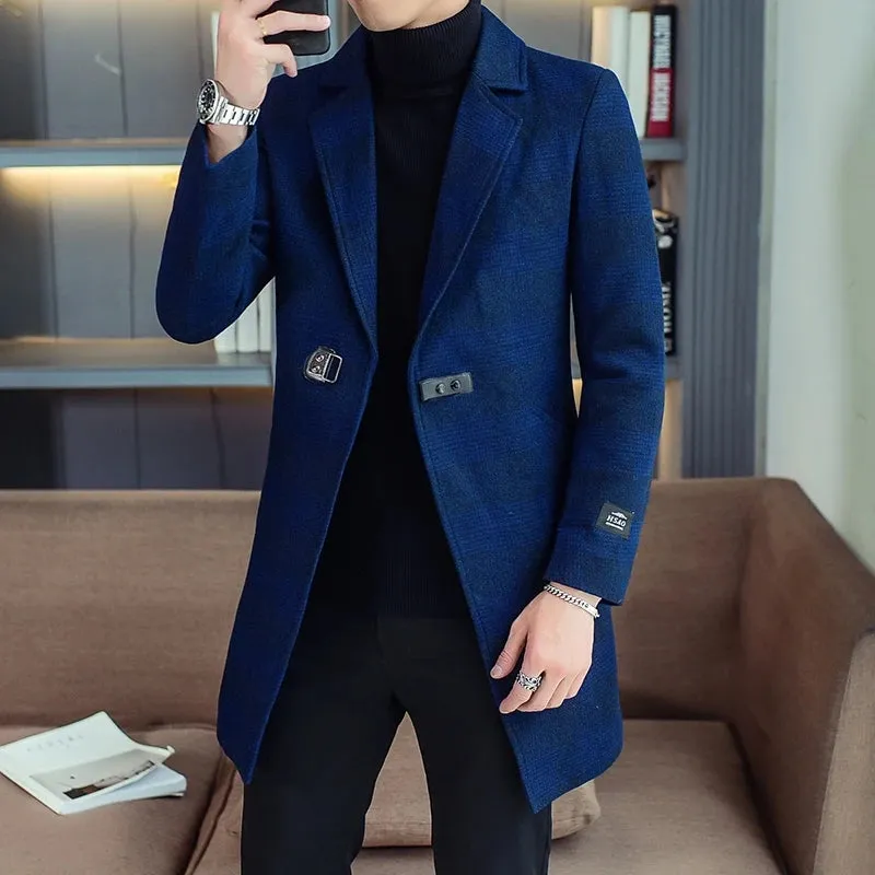 Business Casual Herren Mittellanger karierter Mantel Frühling Herbst Wollmäntel Outwear Karierte Windjacke Slim Fit Trenchjacken