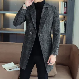 Business Casual Herren Mittellanger karierter Mantel Frühling Herbst Wollmäntel Outwear Karierte Windjacke Slim Fit Trenchjacken