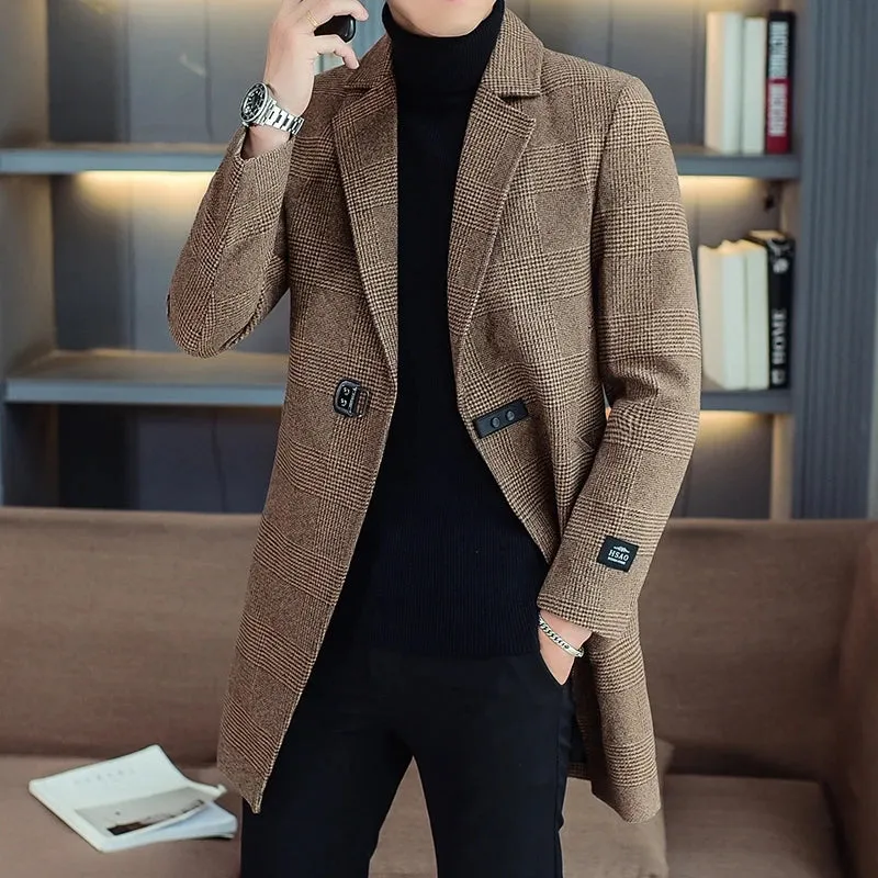Business Casual Herren Mittellanger karierter Mantel Frühling Herbst Wollmäntel Outwear Karierte Windjacke Slim Fit Trenchjacken