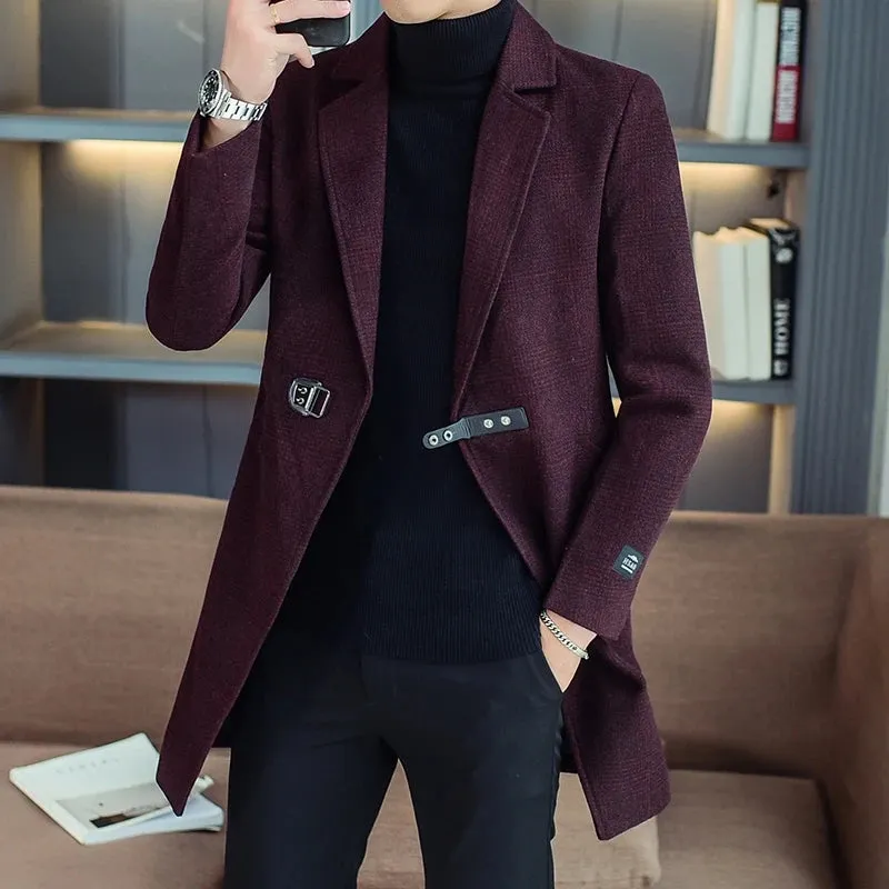 Business Casual Herren Mittellanger karierter Mantel Frühling Herbst Wollmäntel Outwear Karierte Windjacke Slim Fit Trenchjacken