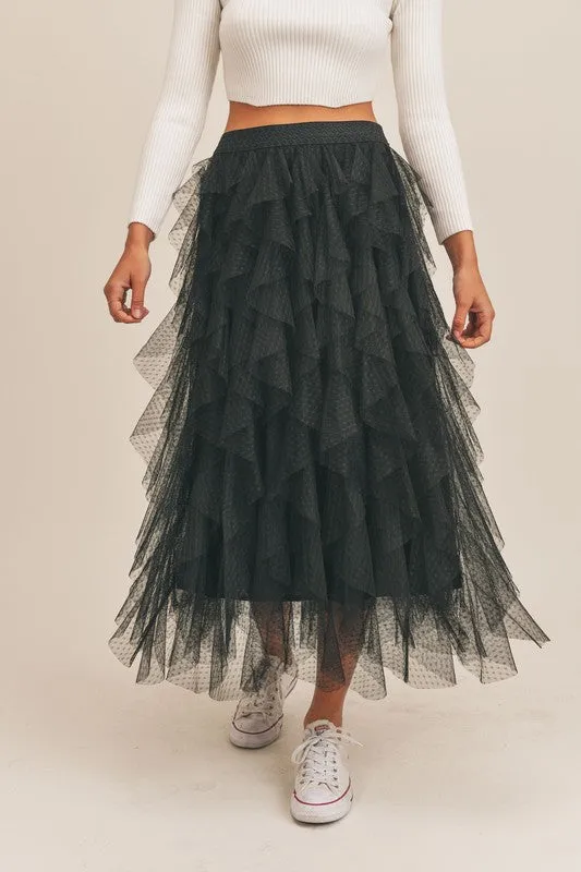 Carrie Black Textured Mesh Midi Skirt