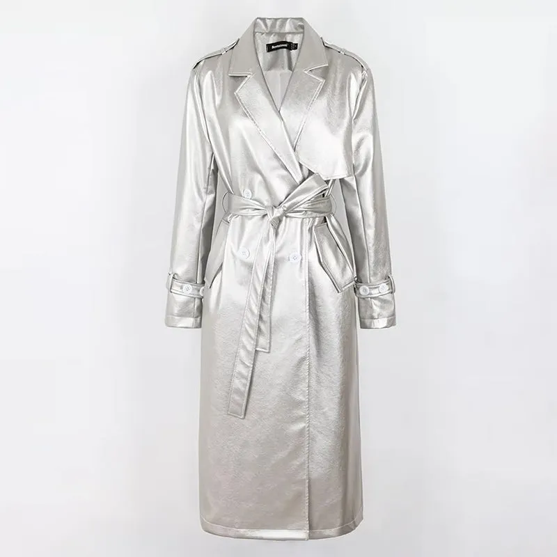 christmas outfit Sonicelife Spring Long Loose Black Silver Soft Faux Leather Trench Coat for Women Sashes Double Breasted Leather Overcoat 2025
