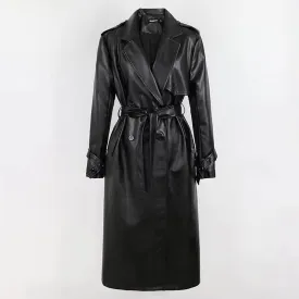 christmas outfit Sonicelife Spring Long Loose Black Silver Soft Faux Leather Trench Coat for Women Sashes Double Breasted Leather Overcoat 2025