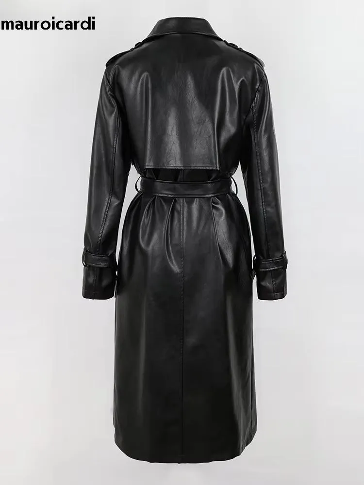 christmas outfit Sonicelife Spring Long Loose Black Silver Soft Faux Leather Trench Coat for Women Sashes Double Breasted Leather Overcoat 2025