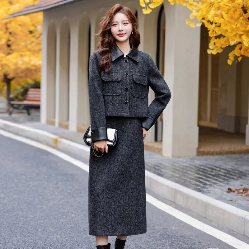 cold weather outfits Joskaa Fashionable Casual Suit Autumn/Winter New PU Leather Patchwork Tweed Style Down Jacket Half Skirt 2-Piece Set Skirt YJ6816