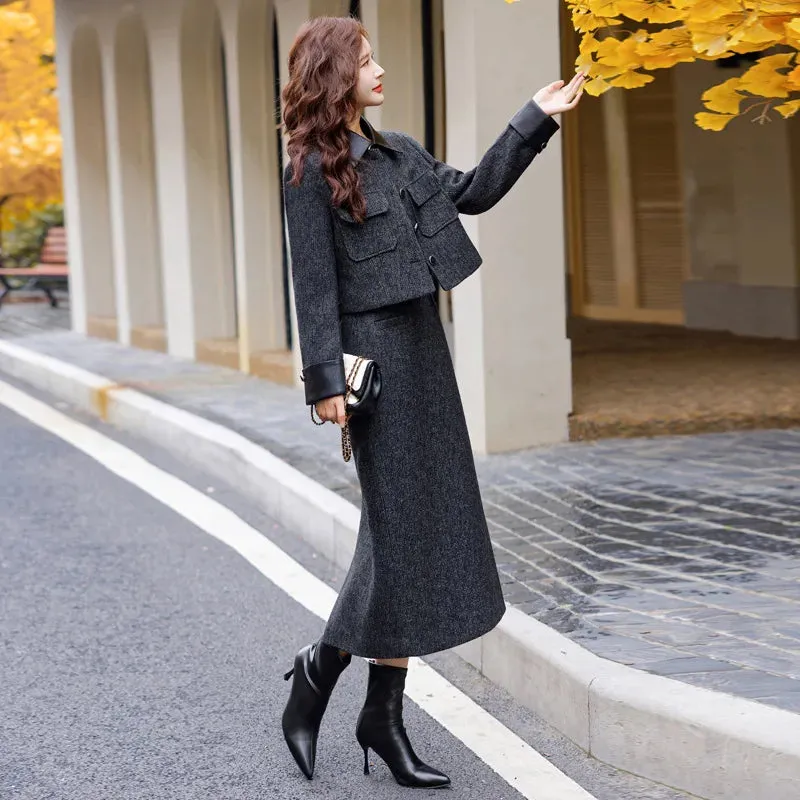 cold weather outfits Joskaa Fashionable Casual Suit Autumn/Winter New PU Leather Patchwork Tweed Style Down Jacket Half Skirt 2-Piece Set Skirt YJ6816