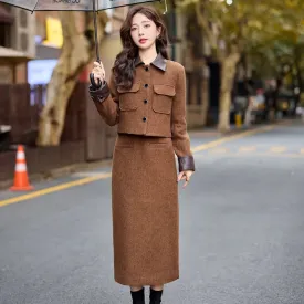 cold weather outfits Joskaa Fashionable Casual Suit Autumn/Winter New PU Leather Patchwork Tweed Style Down Jacket Half Skirt 2-Piece Set Skirt YJ6816