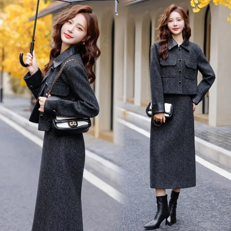 cold weather outfits Joskaa Fashionable Casual Suit Autumn/Winter New PU Leather Patchwork Tweed Style Down Jacket Half Skirt 2-Piece Set Skirt YJ6816