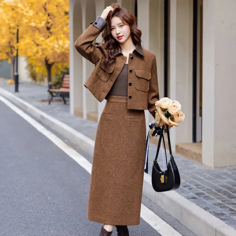 cold weather outfits Joskaa Fashionable Casual Suit Autumn/Winter New PU Leather Patchwork Tweed Style Down Jacket Half Skirt 2-Piece Set Skirt YJ6816