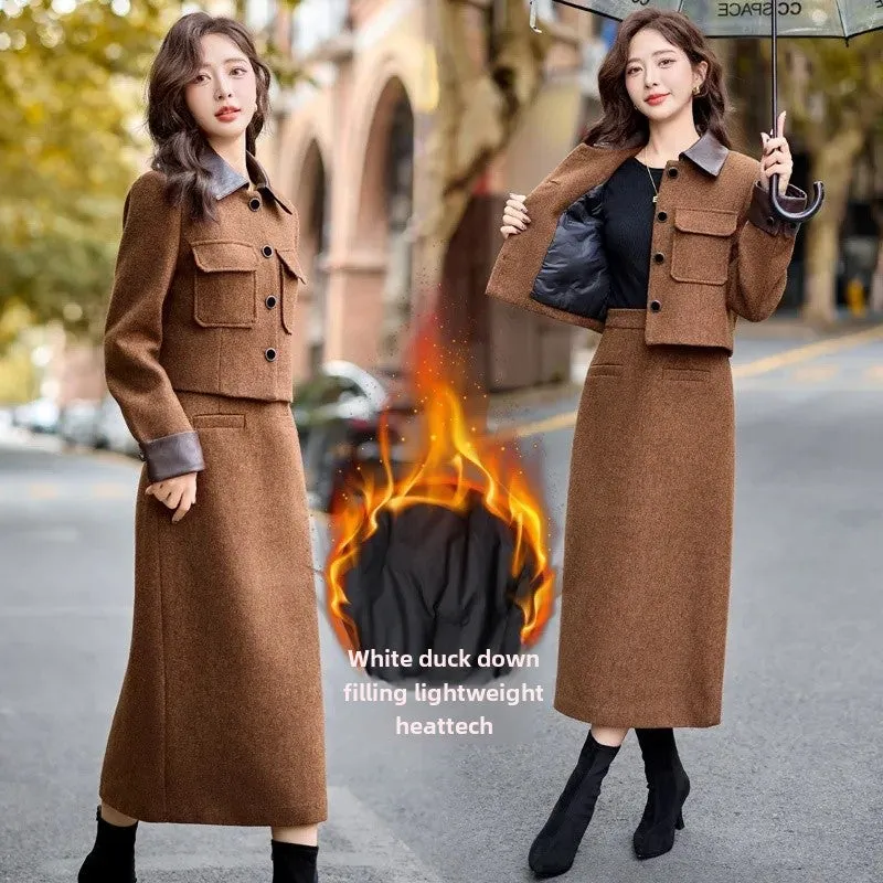 cold weather outfits Joskaa Fashionable Casual Suit Autumn/Winter New PU Leather Patchwork Tweed Style Down Jacket Half Skirt 2-Piece Set Skirt YJ6816