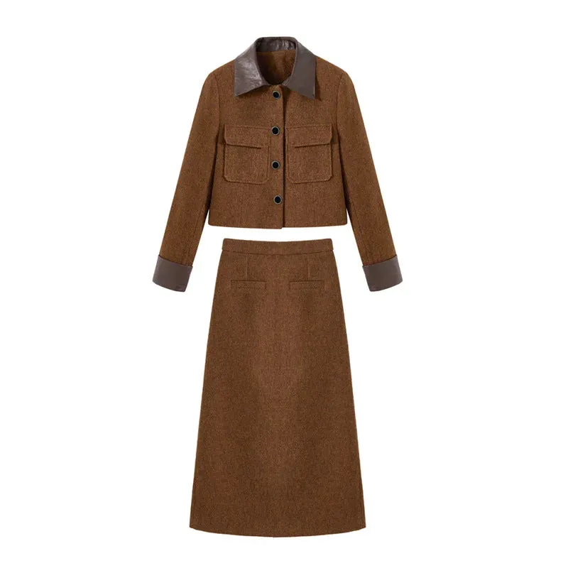 cold weather outfits Joskaa Fashionable Casual Suit Autumn/Winter New PU Leather Patchwork Tweed Style Down Jacket Half Skirt 2-Piece Set Skirt YJ6816