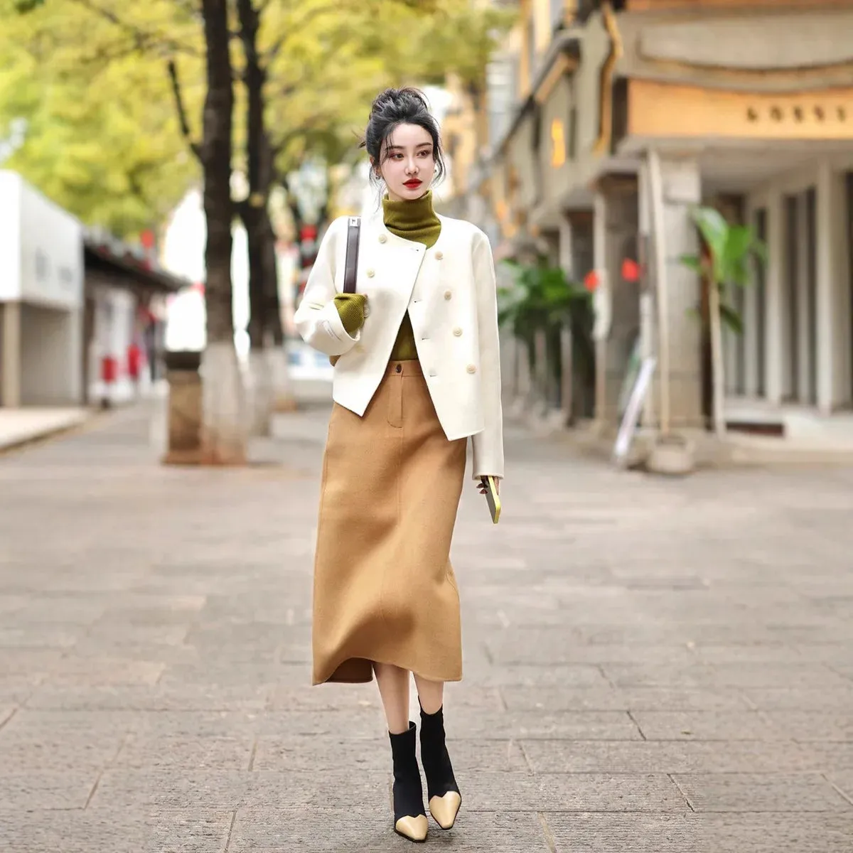 cold weather outfits Joskaa Fashionable High-End Tweed Style Women's Sweater Skirt Leather Jacket Suit New Arrival Autumn 2024 Elegant and Stylish
