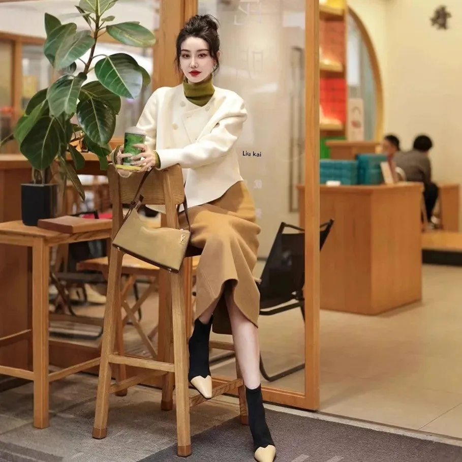 cold weather outfits Joskaa Fashionable High-End Tweed Style Women's Sweater Skirt Leather Jacket Suit New Arrival Autumn 2024 Elegant and Stylish
