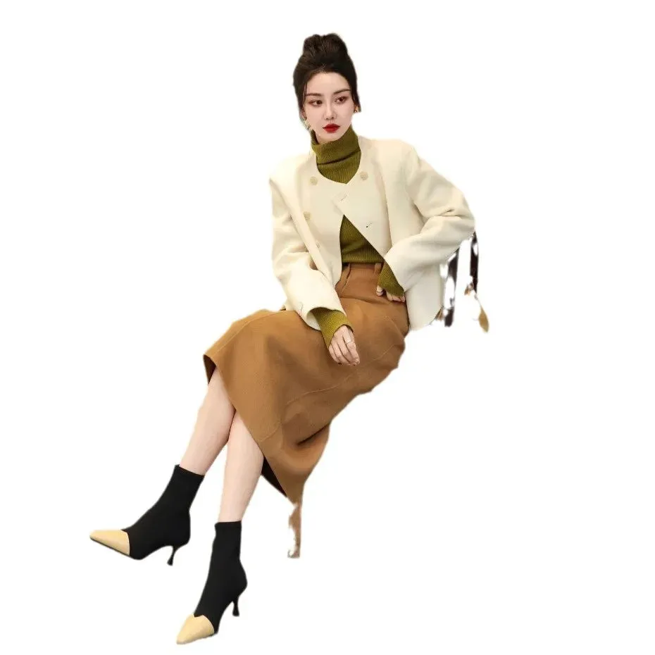 cold weather outfits Joskaa Fashionable High-End Tweed Style Women's Sweater Skirt Leather Jacket Suit New Arrival Autumn 2024 Elegant and Stylish