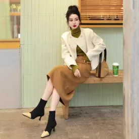 cold weather outfits Joskaa Fashionable High-End Tweed Style Women's Sweater Skirt Leather Jacket Suit New Arrival Autumn 2024 Elegant and Stylish