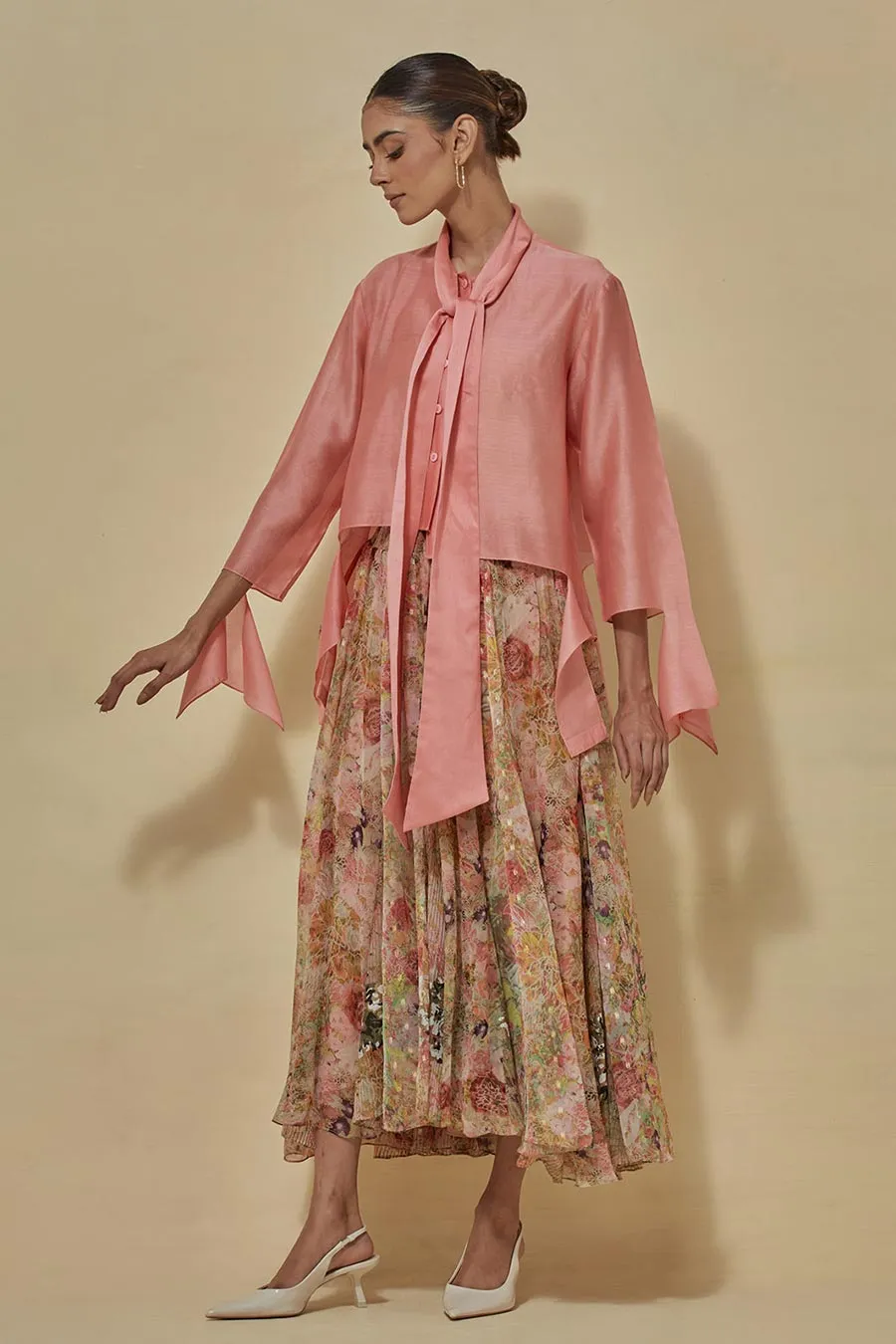 Coral Chanderi Shirt With Printed Chiffon Skirt