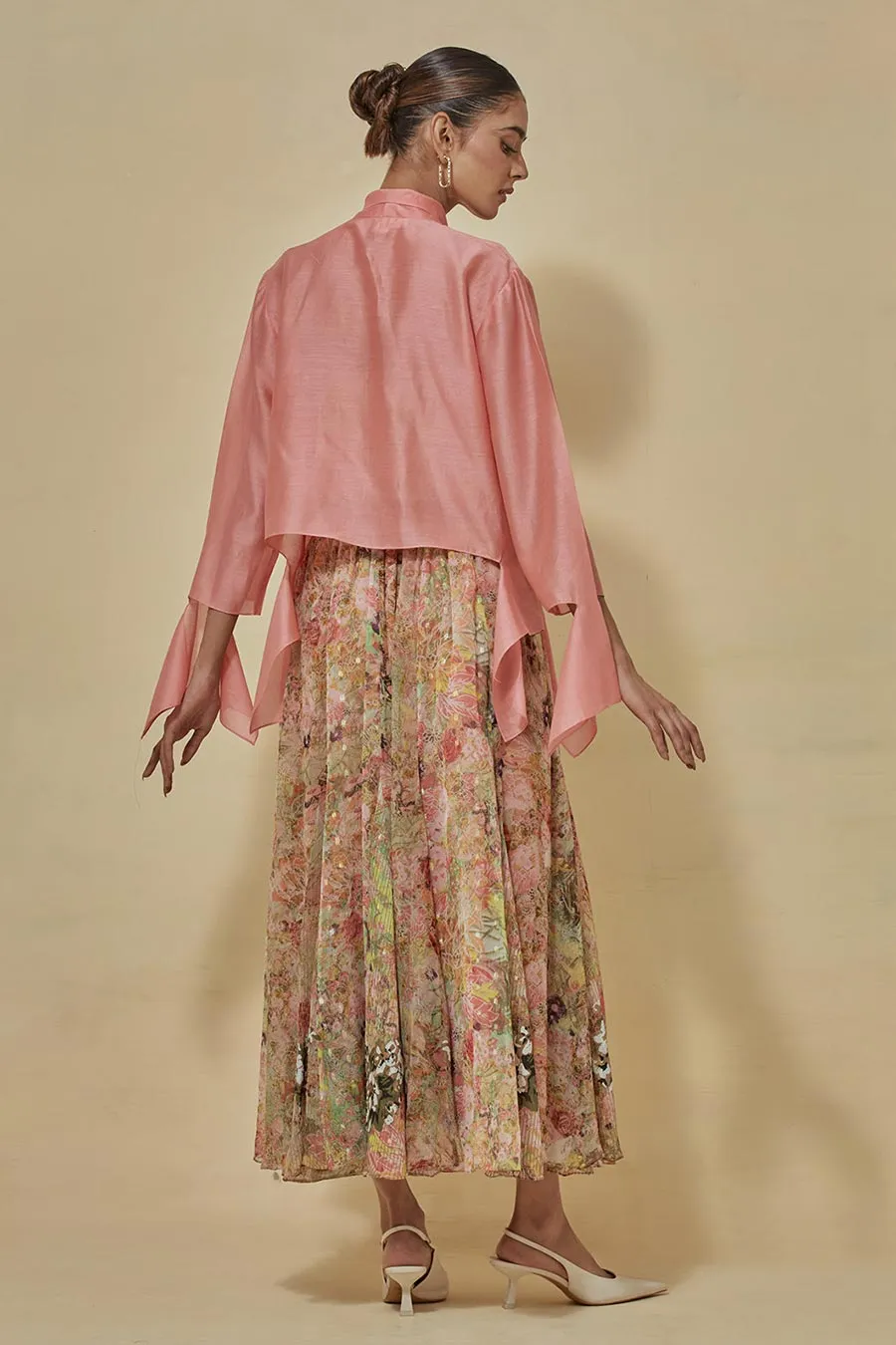 Coral Chanderi Shirt With Printed Chiffon Skirt