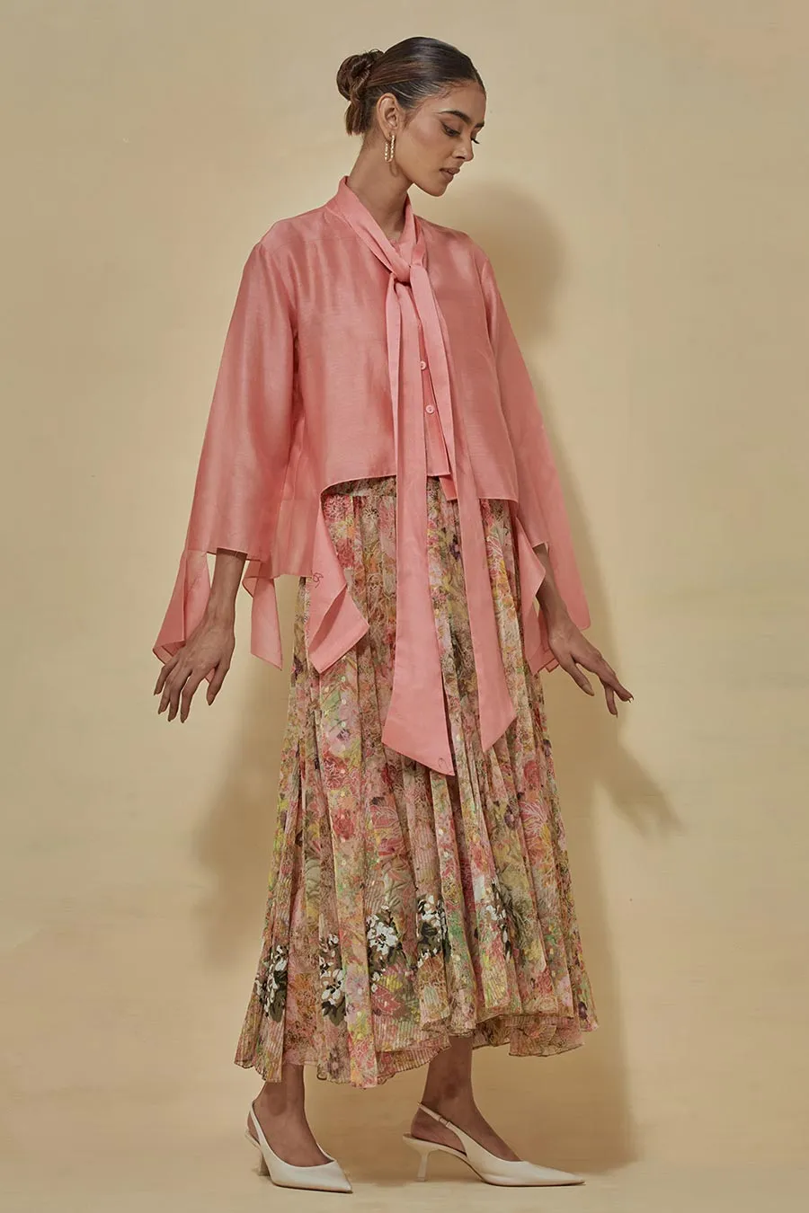 Coral Chanderi Shirt With Printed Chiffon Skirt