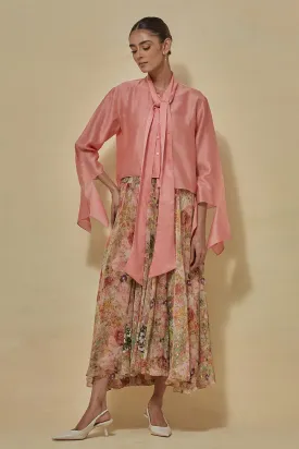 Coral Chanderi Shirt With Printed Chiffon Skirt