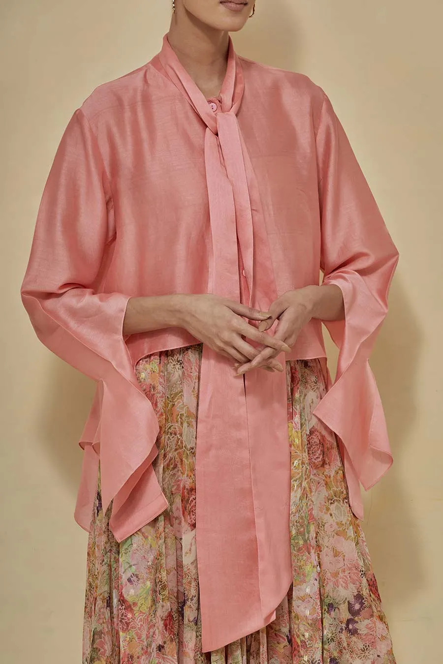 Coral Chanderi Shirt With Printed Chiffon Skirt